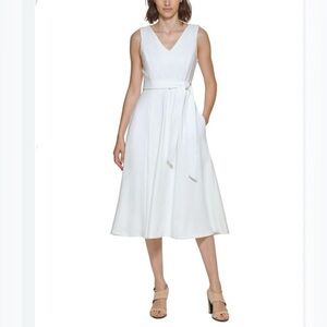CALVIN KLEIN White Fit & Flare V-Neck
Sleeveless Belted Dress Size 12 NWT